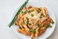Penne pasta with healthy tuna fish, cheese and chopped scallion or spring onion leaves