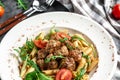 Penne pasta with meatballs and tomato sauce, banner, menu recipe, top view Royalty Free Stock Photo