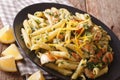 Penne Pasta with pesto, chicken breast and lemon closeup. horizontal Royalty Free Stock Photo