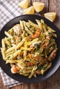 Penne Pasta with pesto, chicken breast and lemon closeup. Vertical top view Royalty Free Stock Photo