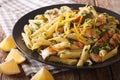 Penne pasta with pesto, grilled chicken and lemon closeup. horizontal Royalty Free Stock Photo