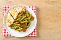 Penne pasta in pesto sauce with grilled chicken Royalty Free Stock Photo