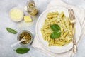 Penne pasta with pesto sauce, Parmesan cheese, olive oil and Basil Royalty Free Stock Photo