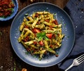 Penne pasta with spinach, sun dried tomatoes and chicken, sprinkled with parmesan cheese and fresh parsley  on a ceramic plate Royalty Free Stock Photo