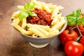 Penne pasta with a tomato bolognese beef sauce Royalty Free Stock Photo