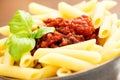 Penne pasta with a tomato bolognese beef sauce Royalty Free Stock Photo