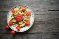 Penne pasta in tomato sauce with chicken, tomatoes decorated parsley Royalty Free Stock Photo