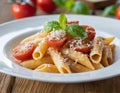 Penne pasta with tomatoes, olive oil, garlic, parmesan and basil. Italian cuisine, vegetarian dish