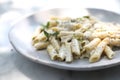 Penne pasta with white sauce and truffle , italian food Royalty Free Stock Photo