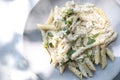 Penne pasta with white sauce and truffle, italian food Royalty Free Stock Photo