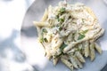 Penne pasta with white sauce and truffle , italian food Royalty Free Stock Photo