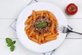 Penne Rigate Bolognese or Bolognaise sauce noodles pasta meal fr Royalty Free Stock Photo