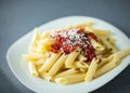 Penne rigate pasta with spicy sauce