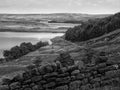Pennine reservoir in widdop west Yorkshire with hills paths and Royalty Free Stock Photo
