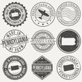 Pennsylvania Set of Stamps. Travel Stamp. Made In Product. Design Seals Old Style Insignia. Royalty Free Stock Photo