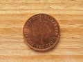 1 penny coin, obverse side showing the Queen, currency of the UK