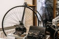Warsaw, Poland - March 19, 2024. Penny-Farthing Bicycle and Vintage Typewriters Display Royalty Free Stock Photo