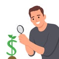 Penny pincher. Business man looking through magnifying glass at dollar signs symbol in a plant shape with soil on the bottom Royalty Free Stock Photo