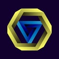 Penrose triangle and hexagon or Penrose tribar, or the impossible tribar with gradient on black background. Impossible objects or