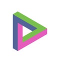 Penrose triangle icon in three colors. Geometric 3D object optical illusion. Vector illustration