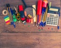 Pens, notebook, magnifier, calculator and pencils. Royalty Free Stock Photo