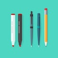 Pens, pencil, markers vector set isolated on green background Royalty Free Stock Photo