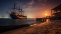 Pensacola beach and clipper ship in distance on sunset