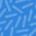 Pensil line seamless pattern. School supplies, education accessories pencils, white doodle cartoon isolated on blue background Royalty Free Stock Photo