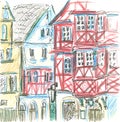 Pensil street illustration, sketch, Mainz, Germany, city center, cartoon style