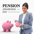 Pension awareness day text with happy biracial woman putting money in piggy bank, white background Royalty Free Stock Photo