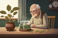 Pension concept. Elderly man illustration, coins and sprout on wooden table. Space for text