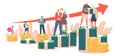 Pension Deductions by Year, Passive Income, Profit, Retirement Budget Concept. Characters Stand on Growing Money Chart