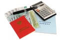 Pension documents, money, calculator and pen Royalty Free Stock Photo