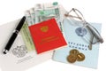 Pension documents, money, envelope, pen and glasses isolated on Royalty Free Stock Photo