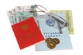 Pension documents, money and glasses Royalty Free Stock Photo