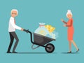 Pension fund investment. Old man pushing wheelbarrow with money in bank. Financial system for senior citizen, helping Royalty Free Stock Photo