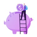 Pension Fund Savings, Insurance. Tiny Elderly Man Stand on Ladder Put Huge Coin to Piggy Bank