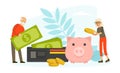 Pension Savings Concept, Senior People Holding Dollar Banknotes and Putting Coins in Piggy Bank, Pension Fund Vector Royalty Free Stock Photo