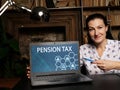 PENSION TAX sign on the screen. A retirement plan that requires an employer to make contributions to a pool of funds set aside