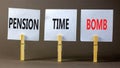 Pension time bomb symbol. Concept words Pension time bomb on white paper on clothespin on a beautiful grey table grey background.