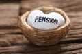 Pension Written On White Egg In Nest