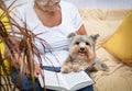 Senior woman (over age of 50) hugging lovely Yorkshire terrier dog during reading book.