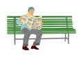 Pensioner read newspapers on the bench in park vector illustration isolated on white background. Senior relaxing outdoor. Retail.