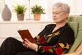 Pensioner reading in armchair