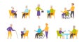 Pensioners flat vector illustrations set