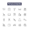 Pensioners line vector icons and signs. Pensioners, Elderly, Grandparents, Granddad, Grandma, Senior Citizens, Old