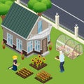 Pensioners near own home during work in garden isometric vector illustration