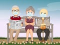 Pensioners sitting on the bench with surgical mask