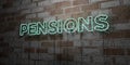PENSIONS - Glowing Neon Sign on stonework wall - 3D rendered royalty free stock illustration