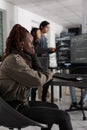 Pensive african american app developer programming code development Royalty Free Stock Photo